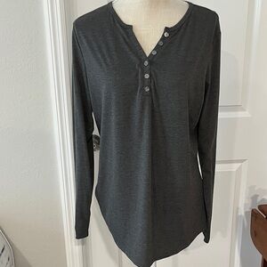 OUGES VTG Elegant Charcoal Long Sleeve Henley Top Stretch Fabric SZ XL